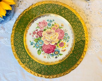 Green & Gold Floral Plate: Falcon Ware Antique English Chintz Decorative Wall or Cabinet Plate