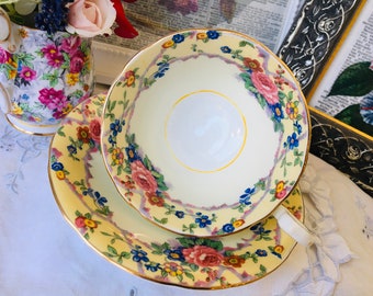 Aynsley Roses and Wildflowers Tea Cup and Saucer Pink and Yellow Floral, Wide Mouth Cabinet Cup, Vintage English Tea Set Gift