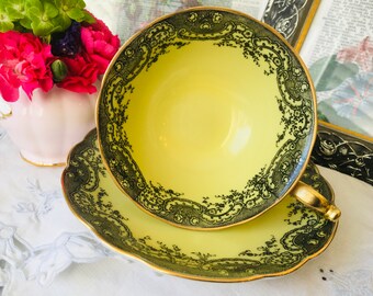 Royal Bayreuth Yellow and Black Floral Lace Teacup and Saucer, Porcelain Bavaria Germany, Gold Painted Handle, Wide Mouth Cabinet Cup