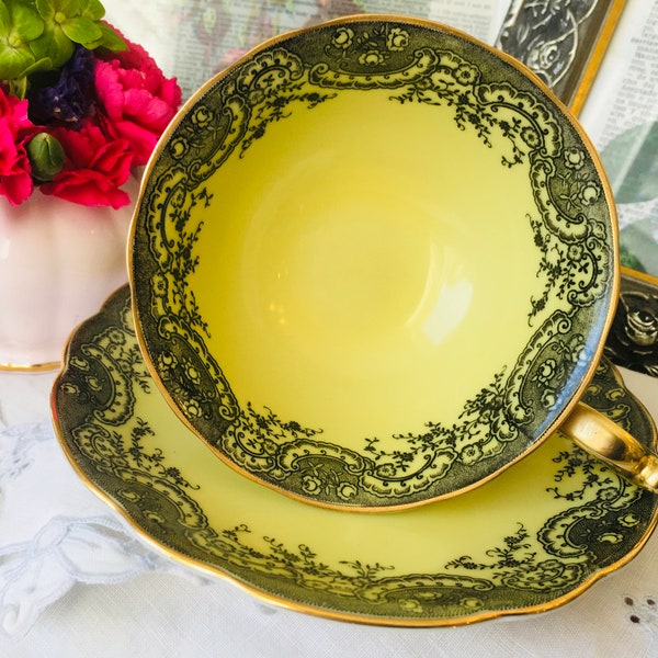 Tasse à thé et soucoupe en dentelle florale jaune et noire de Bayreuth, porcelaine de Bavière, Allemagne, poignée peinte en or, tasse à goulot large