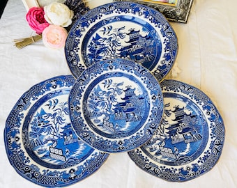 Blue Willow Place Setting,  Burleigh Ware Burslem Cobalt Blue Plates, Wall Plates, Housewarming Gift Idea, Blue and White Home Decor