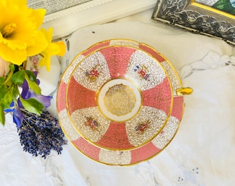 Paragon Tea Cup and Saucer Pink and Gold Panel with Gold Overlay, Vintage Wide Mouth English Tea Set, Birthday Gift Idea for Tea Lover