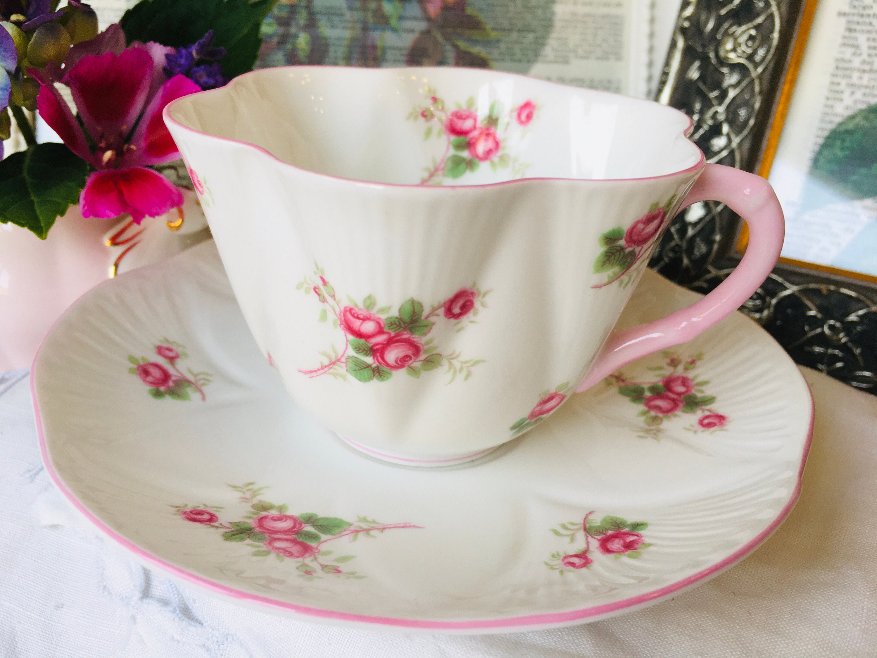 Drinkware Two Matching Cup and Saucer Sets Rose Bower Drink & Barware