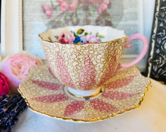 Paragon Tea Cup and Saucer Pink with Pebbled Chintz Pattern, Pink Floral and Fluted Shape, 1935 Backstamp English Tea Set