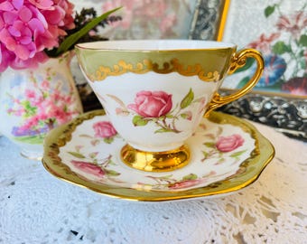 EB Foley Teacup and Saucer Pink Roses and Green with Gold Garland Trim, Vintage English Tea Set, Birthday Gift for Her