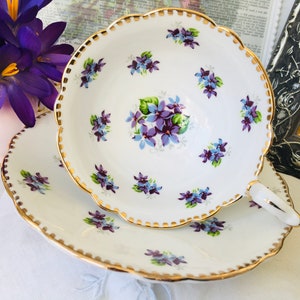 Royal Stafford Purple Sweet Violets Teacup and Saucer, Wide Mouth, Vintage English Tea Set, 1960s, Cabinet Cup, Spring Gift for Her