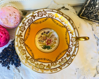 Royal Albert Yellow and Gold Teacup and Saucer,  Pink Purple Floral and Gold Handle, Vintage English Tea Set, Thanksgiving or Christmas Gift