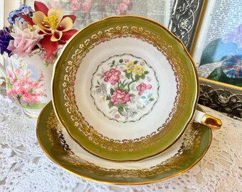 Elizabethan Green and Gold Chintz Teacup and Saucer, Vintage Fine Bone China, Birthday, Christmas Gift