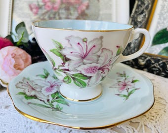 Foley Pink and White Azeala Teacup and Saucer with Blue Interior, English Tea Set, Birthday Gift for Her