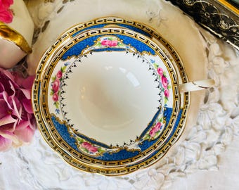 Royal Albert Blue and Black Trimmed Teacup and Saucer, Vintage English Tea Set, Pink Floral Accents and Art Deco Style, Christmas Gift Idea
