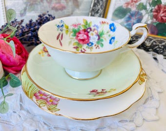 Paragon Pastel Blue Teacup, Mint Green Royal Stafford Saucer with Royal Albert Bouquet Plate, Vintage English Tea Set, Housewarming Gift