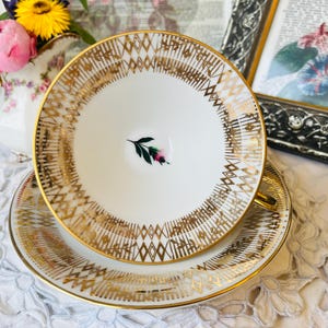 Gold and Pink Rosebud Bavaria Porcelain Teacup and Saucer, Gold Chintz MCM Vintage Porcelain Tea Set