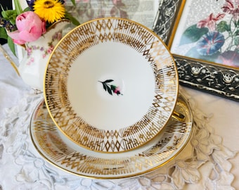 Gold and Pink Rosebud Bavaria Porcelain Teacup and Saucer, Gold Chintz MCM Vintage Tea Gift for Her