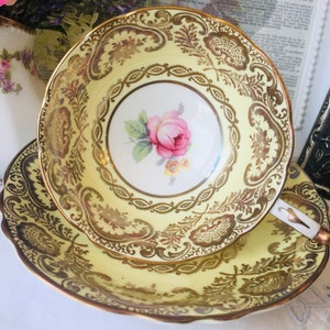 Paragon Pastel Yellow and Gold Teacup and Saucer with Pink Floating Rose,  Double Warrant English Tea Set, Mother's Day Gift Idea