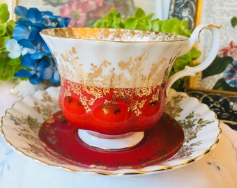 Royal Albert Red and Gold Teacup and Saucer, Regal Series, Gold Brocade, Fine China, English Tea Set, Christmas Gift Idea