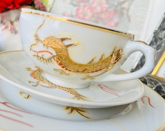 Japanese Porcelain Lithopane Dragonware Teacup and Saucer with Geisha Image, Hand Painted Collectible