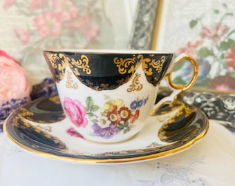 EB Foley Black and Gold Teacup and Saucer, Vintage English Tea Set with Gold Chintz, Gift for Mom, Witches Brew