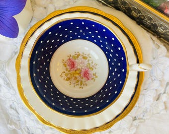 Mismatched Tea Set - Royal Albert Blue Teacup, Val Dor Saucer, Coalport Plate - Vintage English China - Gift for Her, Tea Drinker Gift