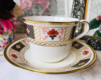 Royal Crown Derby Cobalt Blue and Orange Teacup and Saucer, Imari Derby Crown, Vintage English Tea Set, Tea Drinker Gift