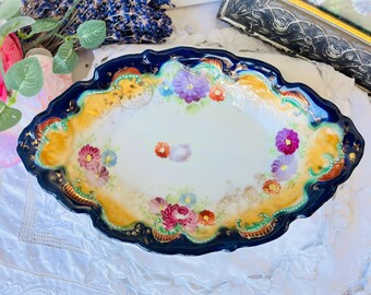 Antique Cobalt Blue and Gold Oblong Porcelain Tray, Pink Roses Floral, Jewelry Holder, Catch All, Home Decor Idea