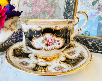 Paragon Teacup and Saucer Black and Gold Pink Cabbage Rose Panels with Gold Filigree, Wide Mouth Vintage English Tea Set, Christmas Gift
