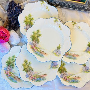 Aynsley Bluebell Time Dessert Plates As Supplied To H M The Queen, Scalloped and Textured Border Blue Trim, Pretty Vintage English China