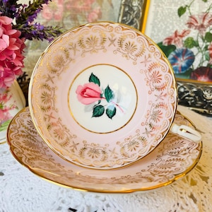 Paragon Pink and Gold Tea Cup and Saucer with Pink Rosebud, Heavy Gold Chintz, English Tea Set