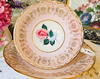 Paragon Pink and Gold Tea Cup and Saucer with Pink Rosebud, Heavy Gold Chintz, English Tea Set, Christmas Gift Idea
