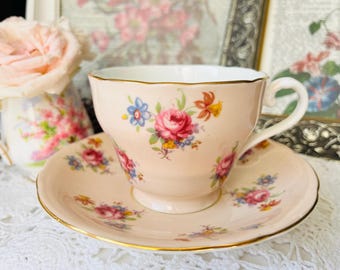 Aynsley Peachy Pink Teacup and Saucer with Flower Buds, Vintage English Tea Set, Cottage Core Home Decor, Birthday Gift Idea