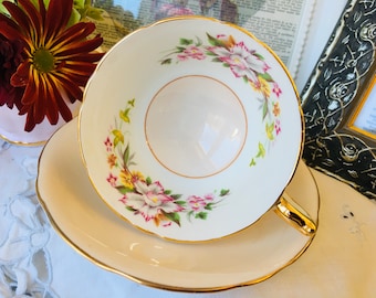 Peach Pink Aynsley Teacup and Saucer with Orchids,  Wide Mouth, Trimmed in Gold, Cabinet Cup, English Tea Set, Mother's Day Gift Idea