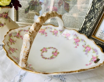 Limoges L R L Candy Dish Handle, Pink and Purple Floral with Gold Brushed Trim, French Antique Porcelain, Housewarming Gift Idea