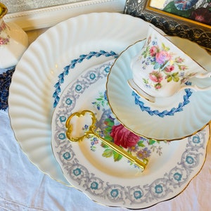 High Tea with Royal Albert and Minton with Blues and Pinks 3 Tier Cake Stand, Bonus Top Teacup Tier, Vintage Bridal or Wedding Gift