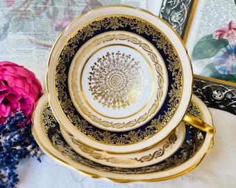 Paragon Teacup and Saucer Double Warrant Cobalt Blue and Gold Medallion Centerpiece, English Tea Set, Antique Cabinet Collection