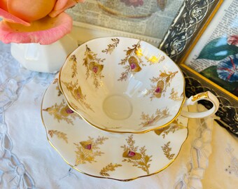 Queen Anne Shaped Teacup and Saucer, Wide Mouth Gold and Pink Floral, Gold Foot and Trim, Birthday  Gift, Tea Drinker Gift