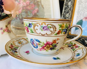 Bavaria Schumann Dresdenart Teacup  and Saucer Demitasse, Mixed Floral with Blue Petunia, Cabinet Antique, Mother's Day Gift Idea