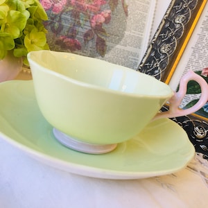 Royal Albert Pastella Tea Cup and Saucer in soft Pastel Green and Pink, Vintage English Tea Set