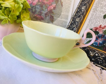 Royal Albert Pastella Tea Cup and Saucer in soft Pastel Green and Pink, Vintage English Tea Set, Mother's Day Gift, Pink and Green Pastel