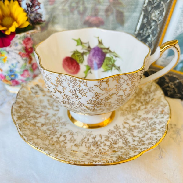 Queen Anne Pink and Purple Thistle Teacup and Saucer in Gold Chintz, Wide Fluted Vintage Mid Century Mother's Day Tea Gift