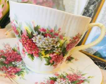 Royal Albert Pink and White Blossom Tea Cup and Saucer with Yellow Handle, Hawthorn Blossom Time Series, Vintage Floral English Tea Set