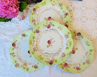 Unmarked Green Floral Set of 4 Dessert Plates 6 Inches, Antique Housewarming Gift, Tea Gift, Cottage Core Country Decor