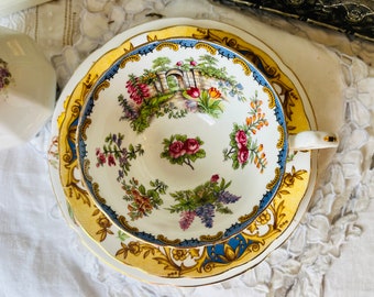 Blue, Yellow and Gold Mismatched Teacup Saucer and Plate by Aynsley, Grosvenor and Royal Tara, Vintage Layered English China, Christmas Gift