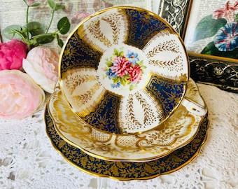 Blue and Gold Paragon Teacup, Royal Albert Saucer, Aynsley Plate, Mismatched Vintage English Tea Set, One of a Kind Layered China