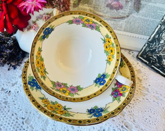 Può includere: Un set vintage di tazza e piattino da tè. La porcellana color crema presenta un motivo floreale con fiori gialli, blu e viola. I bordi sono rifiniti in oro. Un pezzo classico per le feste del tè.