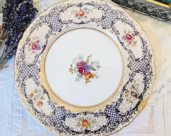 Royal Doulton England Cobalt Blue Dinner Plate, Blue and White Wall Decor with Gold Trim, Cabbage Rose Floral, Gift for Her, Hostess Gift