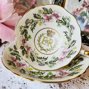 Paragon Teacup and Saucer Queen Elizabeth E R II Coronation with Pink and Green Thistle, Commemoration English Tea Set