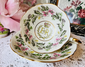 Paragon Teacup and Saucer Queen Elizabeth E R II Coronation with Pink and Green Thistle, Commemoration English Tea Set