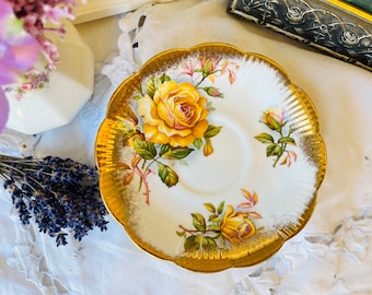 Royal Albert Yellow Cabbage Roses Replacement Saucer, Treasure Chest, Gold Crest, Heavy Gold Trim with Ribbed Design, Tea Drinker Gift