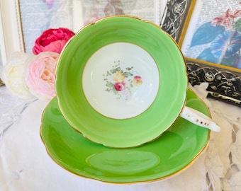Coalport Green Teacup and Saucer with Pink Floral, Vintage English Tea Set, Mother's Day Gift
