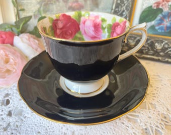 Royal Albert Black Teacup and Saucer, Red and Pink Cabbage Roses, English As Is Tea Set, Different Backstamps