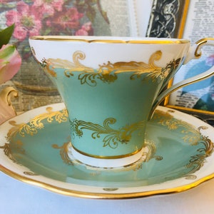Sage Green and Gold Aynsley Tea Cup and Saucer, Corset Shape, Gold Leaf Filigree, Vintage English Tea Set Gift for Her, Bridesmaids Gift